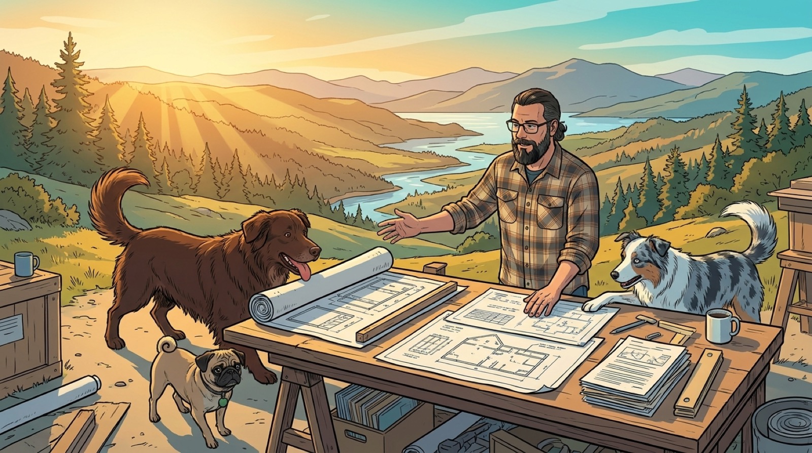 Eric, manches retroussées, dirige un vrai dossier sur un établi devant les montagnes de Charlevoix ; ses trois chiens-agents travaillent chacun une tâche distincte.
