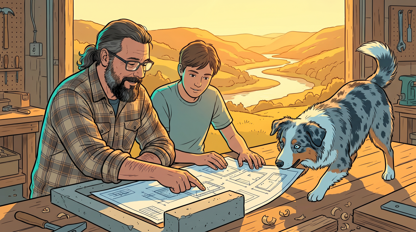 Coaching 1:1 : Eric, épaule contre épaule avec un apprenant, pointe un détail sur un plan posé sur l'établi, lumière dorée de Charlevoix ; un chien-agent pousse le document vers l'apprenant.