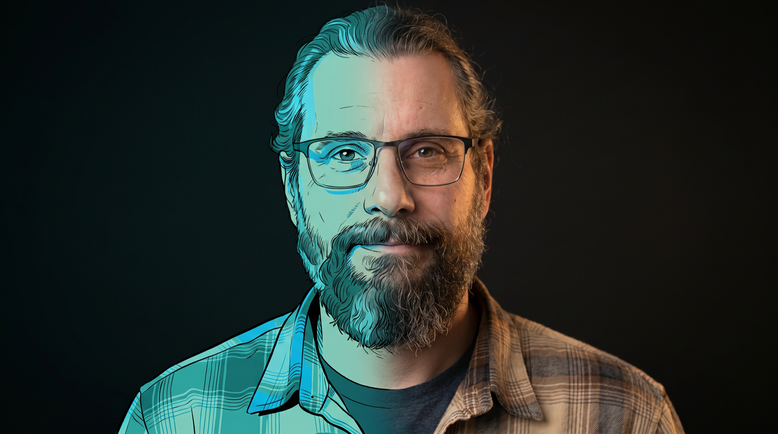 Portrait d'Eric Cappannelli, mi-dessin ligne claire teal à gauche, mi-photographie à droite : le pont entre ses illustrations et la réalité du terrain.