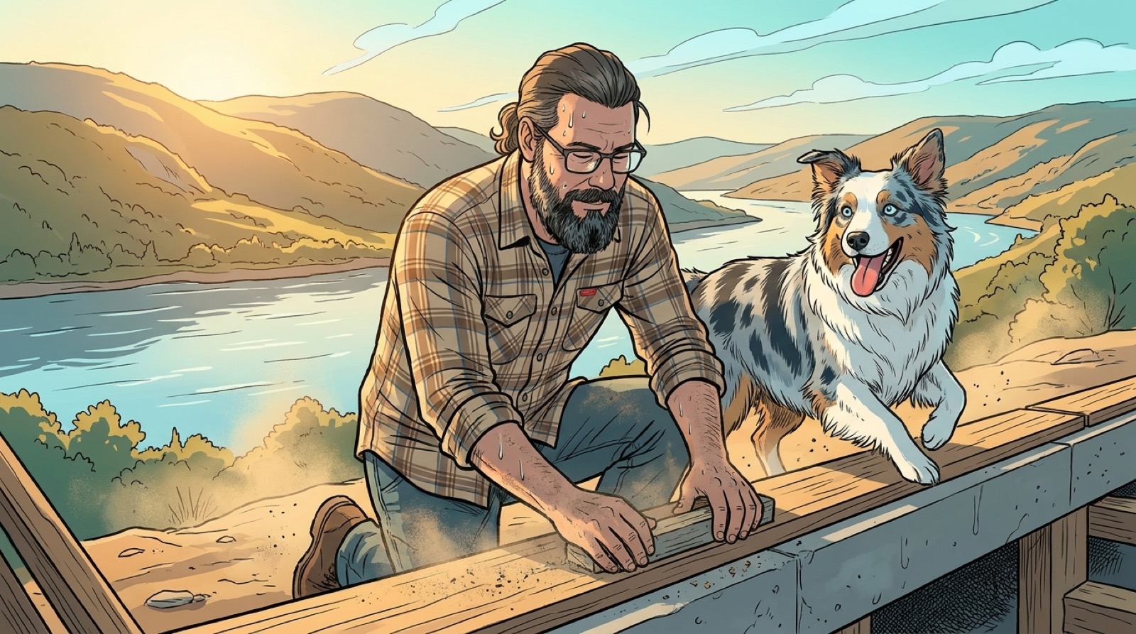 Eric, manches retroussées, agenouillé dans un vrai chantier de Charlevoix au soleil couchant, les mains dans la matière ; un chien-agent accourt lui amener une pièce.
